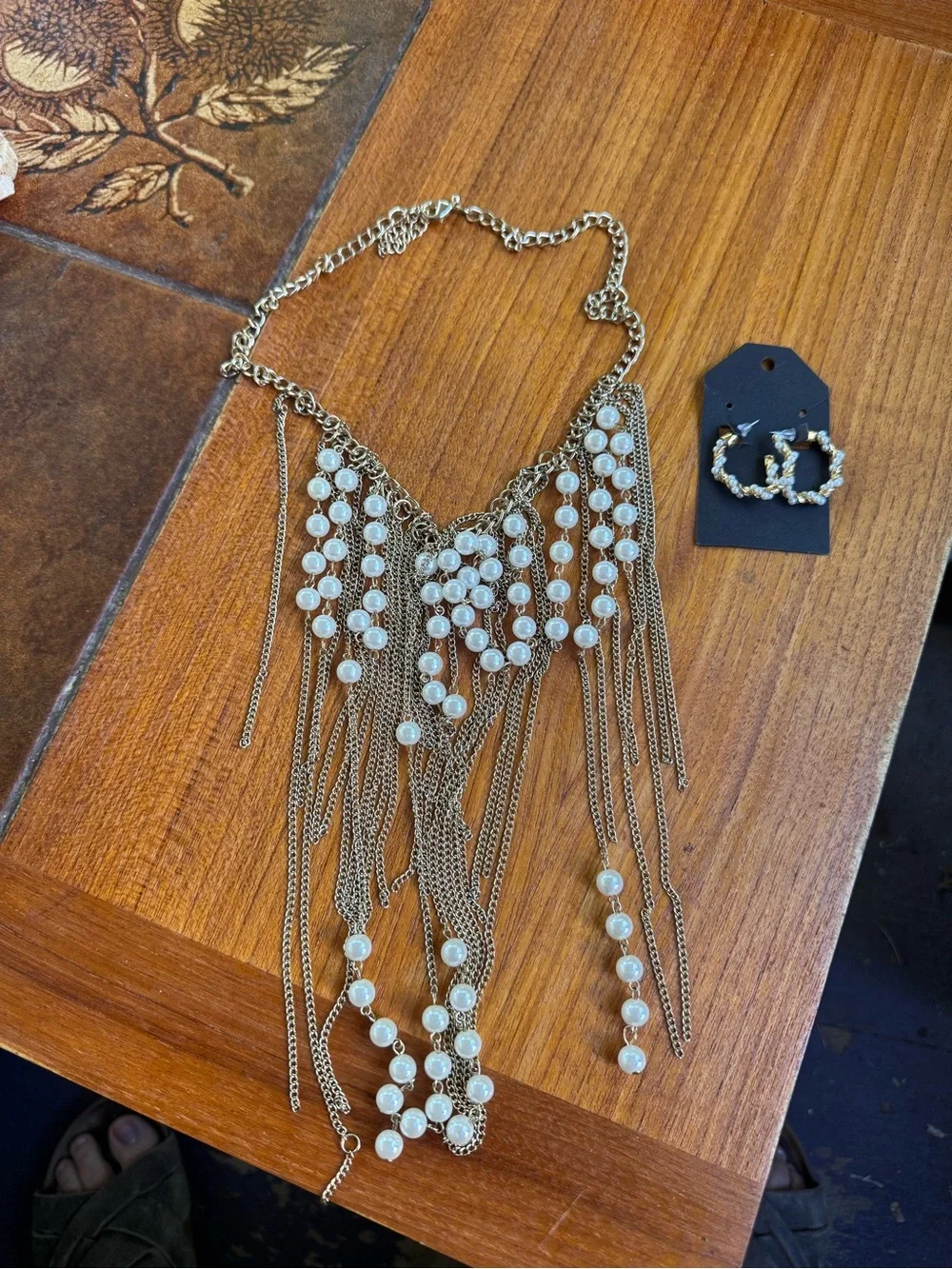 Gold Pearl Fringe Statement Necklace & Earrings- Elegant Women’s